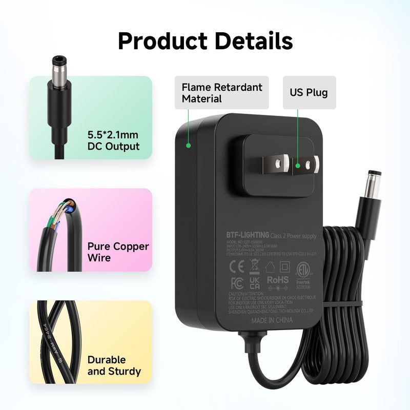 BTF-LIGHTING 5V 6A 30W Power Supply Adapter ETL Listed 100-240V AC to 5V DC Converter Class 2 Power Supply, 5.5x2.1mm Jack for for Low Voltage LED Strip Lights, CCTV, Router, Electronics - Image 4