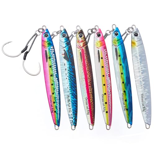 OCEAN CAT Slow Pitch Jig Flat Fall Jigging Fishing Lures Vertical Jigs Jigging Baits with Assist Slow Pitch Jig Hook for Saltwater Fishing 60G100G150G200G250G 60G Style16 6 Colors COMBOSET - Image 1