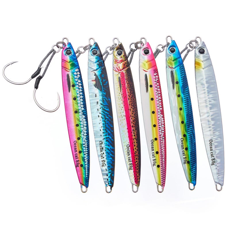 OCEAN CAT Slow Pitch Jig Flat Fall Jigging Fishing Lures Vertical Jigs Jigging Baits with Assist Slow Pitch Jig Hook for Saltwater Fishing 60G100G150G200G250G 60G Style16 6 Colors COMBOSET - Image 2