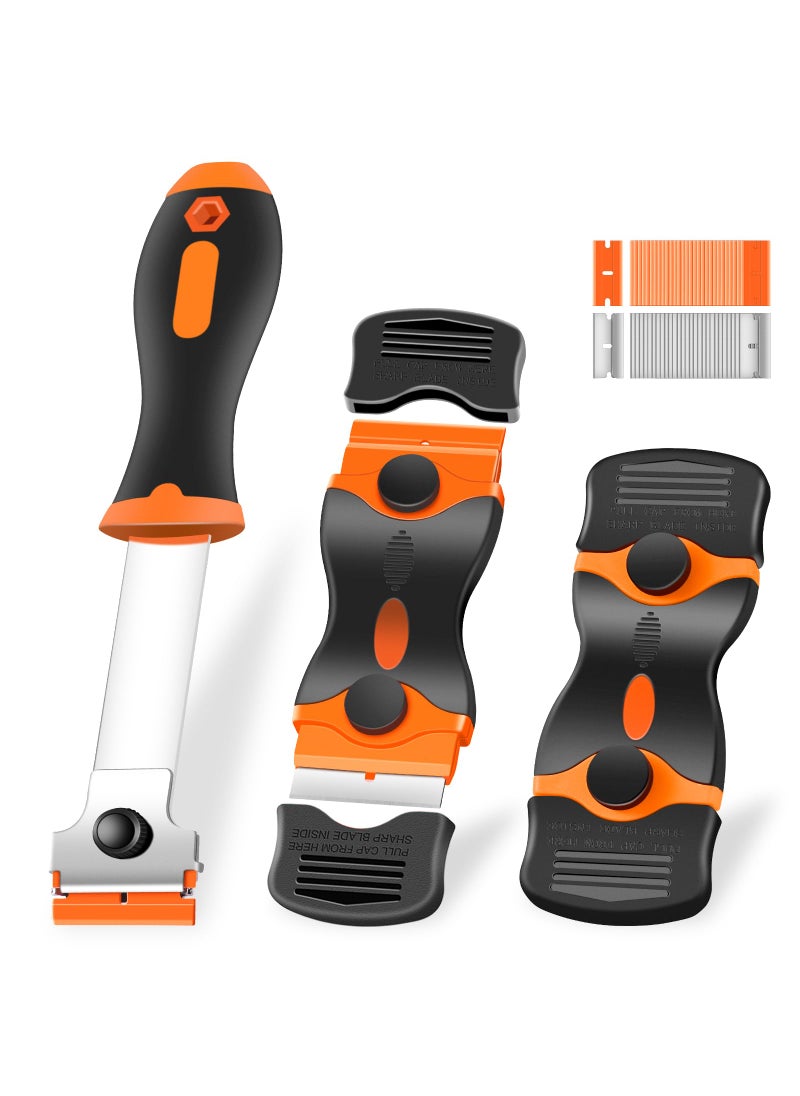 Necamocu NECAMOCU 3 Pack Razor Blade Scraper, Premium Cleaning Scraper Tool with 60 PCS Metal & Plastic Razor Blades, Multi-Purpose Glass Scraper for Windows, Sticker, Decals, Cooktop, Paint Removal (Orange)  - Image 1