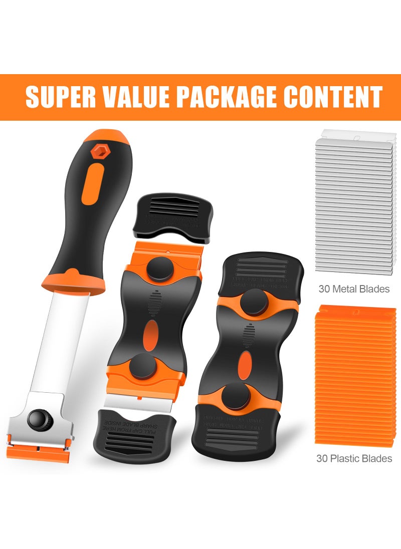 Necamocu NECAMOCU 3 Pack Razor Blade Scraper, Premium Cleaning Scraper Tool with 60 PCS Metal & Plastic Razor Blades, Multi-Purpose Glass Scraper for Windows, Sticker, Decals, Cooktop, Paint Removal (Orange)  - Image 4