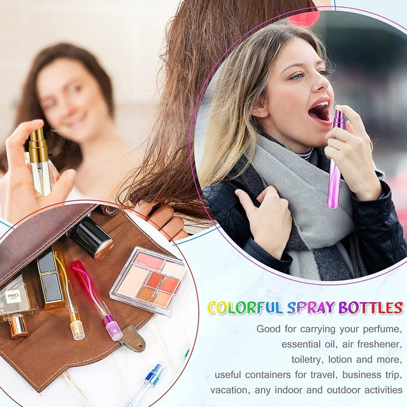 ELECDON زجاجات رش، 12 زجاجة صغيرة ملونة، زجاجات عطر من الزجاج سعة 10 مل، عبوات محمولة قابلة لإعادة التعبئة، مزودة برش ناعم للاستخدام في التنظيف والسفر والزيوت العطرية وغيرها (6 ألوان) - Image 2