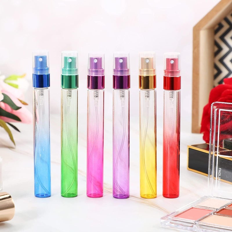 ELECDON زجاجات رش، 12 زجاجة صغيرة ملونة، زجاجات عطر من الزجاج سعة 10 مل، عبوات محمولة قابلة لإعادة التعبئة، مزودة برش ناعم للاستخدام في التنظيف والسفر والزيوت العطرية وغيرها (6 ألوان) - Image 5