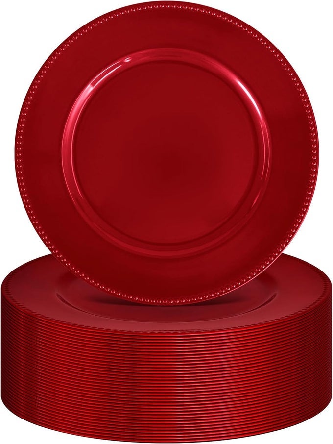 36 PCS RED CHARGER PLATES ROUND CHARGER PLATES13 INCH BULK WEDDING DINNER ELEGANT REUSABLE PLASTIC CHARGERS PLATES WEDDING HOLIDAY PARTY BABY SHOWER EVENT DECORATION RED