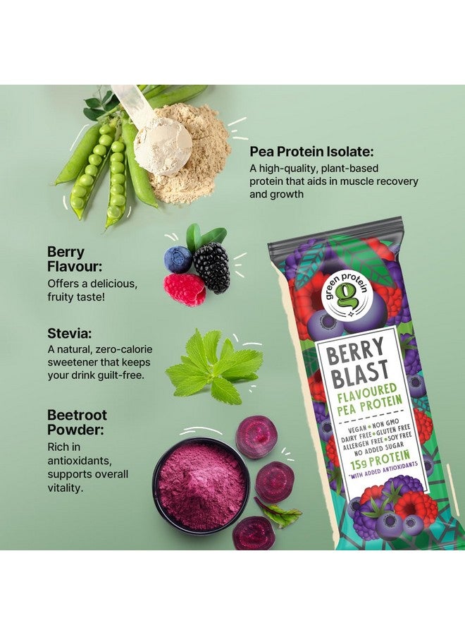 GREEN PROTEIN بروتين أخضر مسحوق بروتين البازلاء المعزول، بروتين نباتي نباتي، 15 جرام بروتين لكل حصة، بدون سكر مضاف، 100% نباتي، خالي من الصويا، خالي من الألبان، خالي من مسببات الحساسية، نكهة توت العليق، عبوة من 12، 23 جرام لكل منها - Image 3