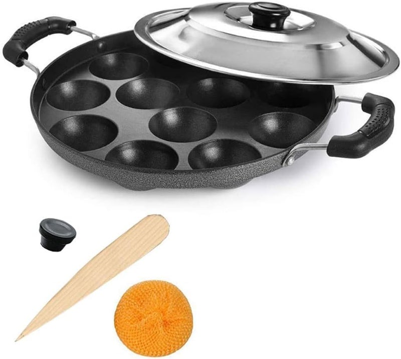 YADNESH Nonstick Aluminum Appam Pan, 12 Pits, Includes Lid, Easy to Clean, Dimension: Length 9", Width 9", Height 2" - Image 2
