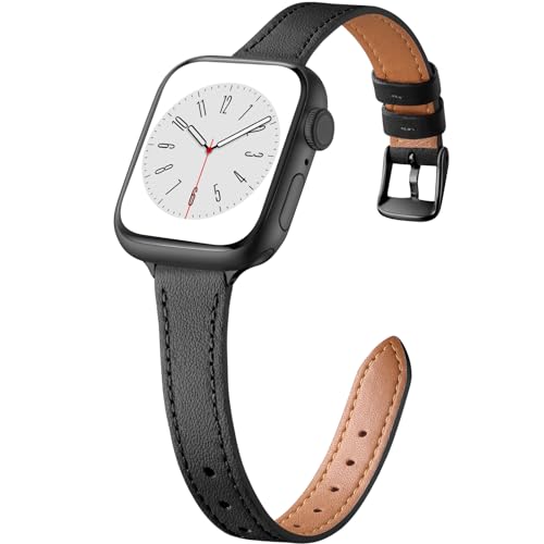 Charlam Slim Leather Band Compatible with Apple Watch Band 40mm 38mm 41mm 42mm 44mm 45mm 46mm Women,Top Grain Genuine Leather Strap Thin Wristband for iWatch Series 11 10 9 8 7 6 5 4 3 2 1 SE 3,Black - Image 1