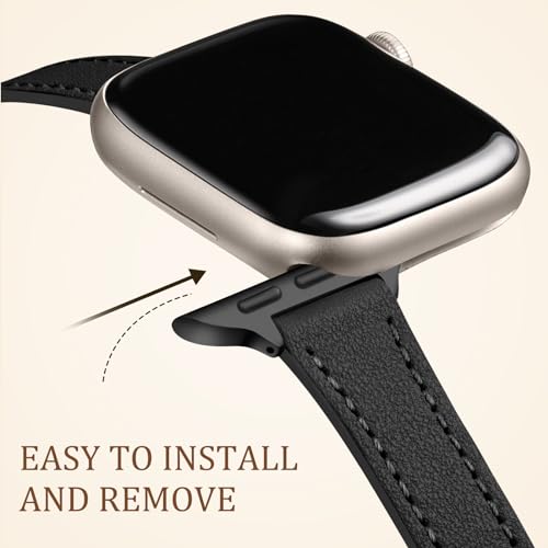 Charlam Slim Leather Band Compatible with Apple Watch Band 40mm 38mm 41mm 42mm 44mm 45mm 46mm Women,Top Grain Genuine Leather Strap Thin Wristband for iWatch Series 11 10 9 8 7 6 5 4 3 2 1 SE 3,Black - Image 3