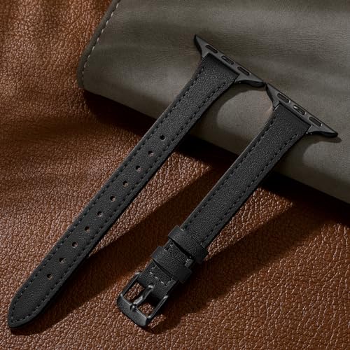 Charlam Slim Leather Band Compatible with Apple Watch Band 40mm 38mm 41mm 42mm 44mm 45mm 46mm Women,Top Grain Genuine Leather Strap Thin Wristband for iWatch Series 11 10 9 8 7 6 5 4 3 2 1 SE 3,Black - Image 5