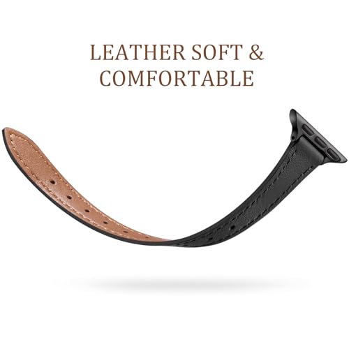 Charlam Slim Leather Band Compatible with Apple Watch Band 40mm 38mm 41mm 42mm 44mm 45mm 46mm Women,Top Grain Genuine Leather Strap Thin Wristband for iWatch Series 11 10 9 8 7 6 5 4 3 2 1 SE 3,Black - Image 4