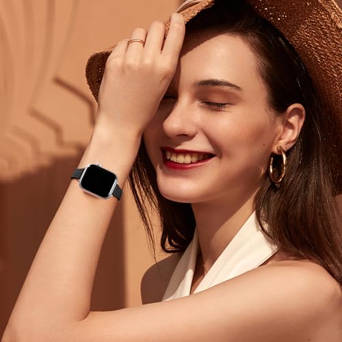 Charlam Slim Leather Band Compatible with Apple Watch Band 40mm 38mm 41mm 42mm 44mm 45mm 46mm Women,Top Grain Genuine Leather Strap Thin Wristband for iWatch Series 11 10 9 8 7 6 5 4 3 2 1 SE 3,Black - Image 2