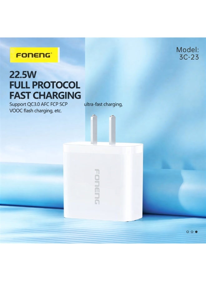 فونينج شاحن FONENG 3C-23 شحن سريع 22.5W‏ – USB إلى Type-C بطول 1 متر – دعم بروتوكولات شحن متعددة مع حماية ذكية وكفاءة عالية - لون ابيض - Image 4
