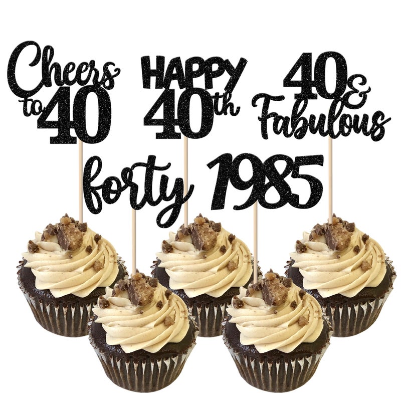 RSSTARXI 30 حزمة سعيدة 40 عيد ميلاد كب كيك أعلى الأقطار اللامعة أربعين منذ عام 1985 هتافات إلى 40 سنة من اختيارات كب كيك لعيد ميلاد سعيد 40th الذكرى السنوية لوازم البوازم الأسود - Image 1