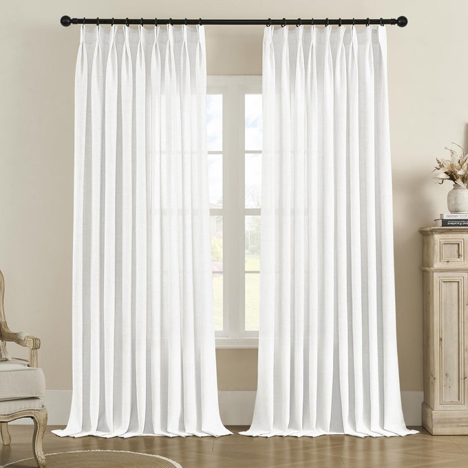FAUX LINEN EXTRA WIDE PINCH PLEATED CURTAINS 100W X 84L INCHES PINCH PLEAT SEMI SHEER DRAPES WITH HOOKS FOR TRAVERSE ROD AND TRACK LIGHT FILTERING PRIVACY PROTECTION 1 PANEL WHITE