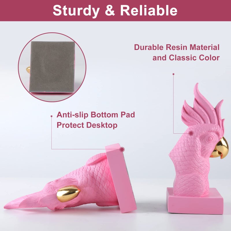 JOOMBE Pink Parrot Decorative Bookends,Set of 2 Cute Bird Animal Sculpture Book Ends to Hold Hevay Duty Books,Unique Resin Statues Book Stopper for Home Office Desk Bookshelf Decor - Image 4