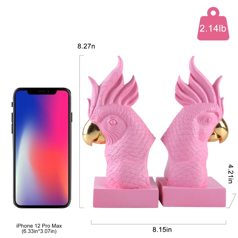 JOOMBE Pink Parrot Decorative Bookends,Set of 2 Cute Bird Animal Sculpture Book Ends to Hold Hevay Duty Books,Unique Resin Statues Book Stopper for Home Office Desk Bookshelf Decor - Image 2