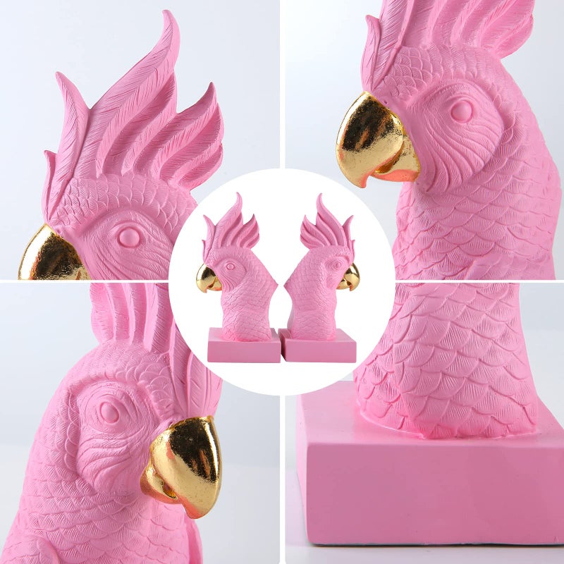JOOMBE Pink Parrot Decorative Bookends,Set of 2 Cute Bird Animal Sculpture Book Ends to Hold Hevay Duty Books,Unique Resin Statues Book Stopper for Home Office Desk Bookshelf Decor - Image 3
