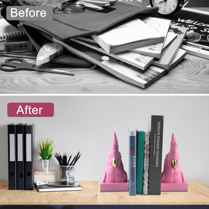JOOMBE Pink Parrot Decorative Bookends,Set of 2 Cute Bird Animal Sculpture Book Ends to Hold Hevay Duty Books,Unique Resin Statues Book Stopper for Home Office Desk Bookshelf Decor - Image 5