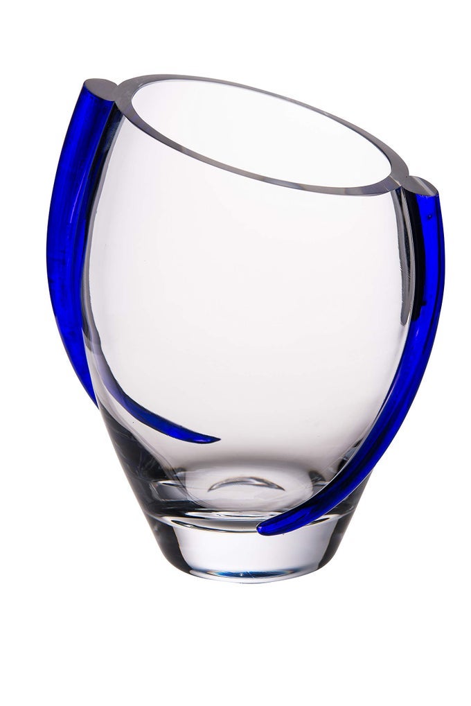 GLASS VASE WITH COBALT SWIRL 925 H BY EUROPEAN QUALITY BEAUTIFUL DESIGNED WITH BLUE SWIRL MOUTH BLOWN HAND MADE 925 HEIGHT MADE IN EUROPE