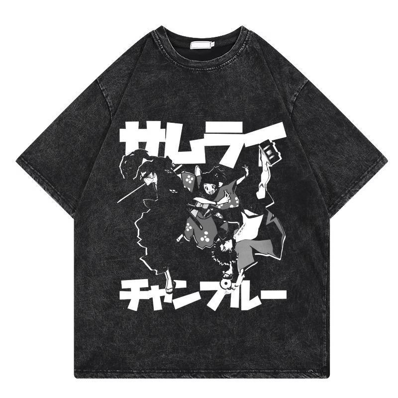 Japanese Anime Samurai Chaos Samurai Champloo Vintage Washed Old Short-Sleeved Cotton T-Shirt For Men And Women - Image 1