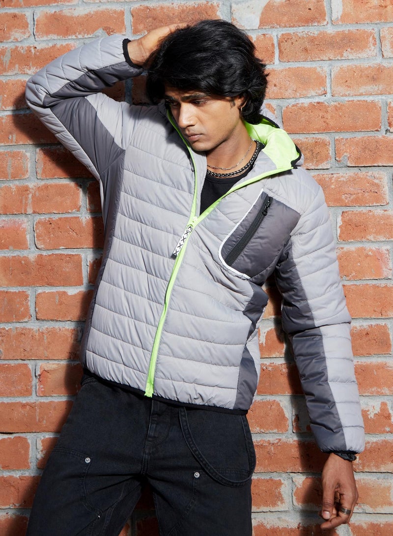 Campus Sutra Men's Light Grey Puffer Jacket With Contrast Zipper  - Image 2