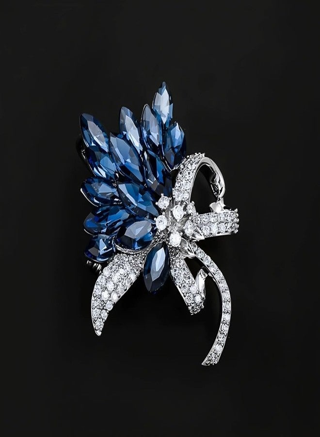 Dtja Lady's Flower Marquise Rhinestone Brooch Wedding Corsage for Women Unisex Fashion Austrian Crystal Cluster Ribbon Bow Bouquet Brooches Pins Elegant Art Deco Dress Accessories Jewelry (Silvery Blue CZ) - Image 5