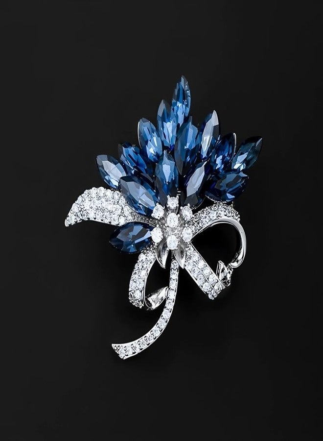 Dtja Lady's Flower Marquise Rhinestone Brooch Wedding Corsage for Women Unisex Fashion Austrian Crystal Cluster Ribbon Bow Bouquet Brooches Pins Elegant Art Deco Dress Accessories Jewelry (Silvery Blue CZ) - Image 4