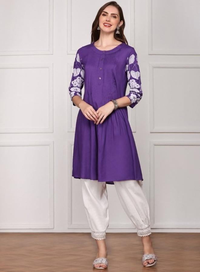 ISHIN Women's Purple Rayon Printed Tunic Straight Fit Kurta - Image 5