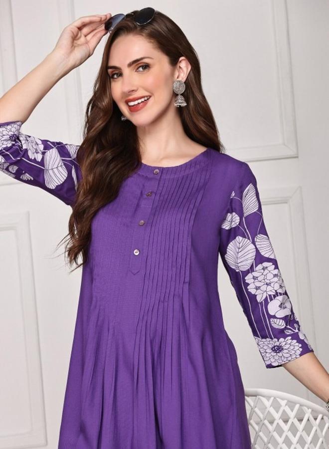 ISHIN Women's Purple Rayon Printed Tunic Straight Fit Kurta - Image 1