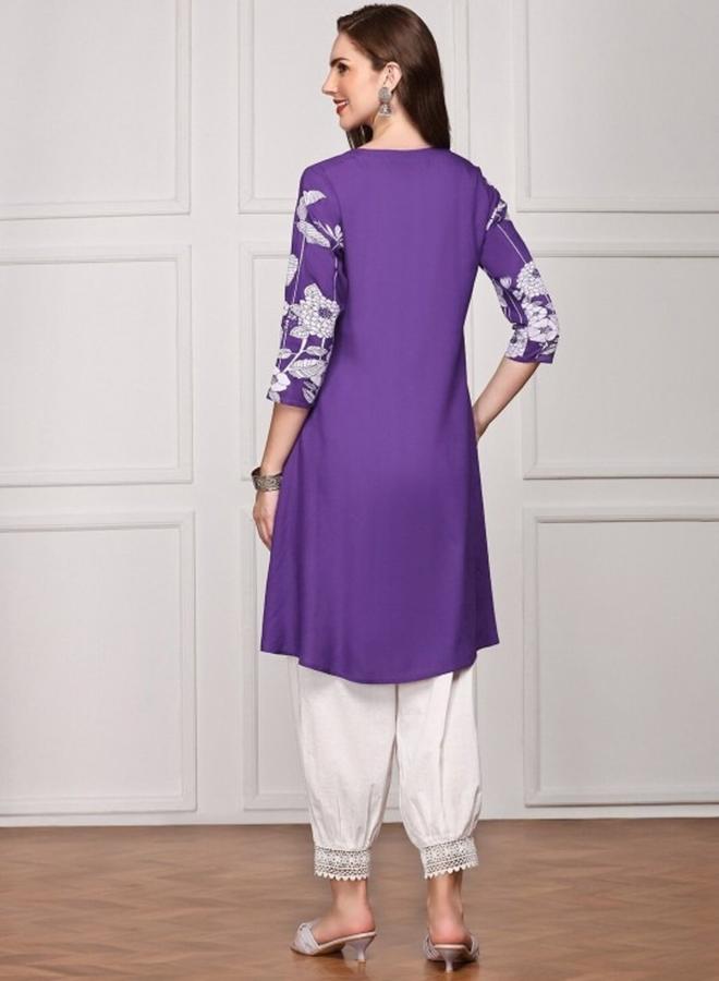 ISHIN Women's Purple Rayon Printed Tunic Straight Fit Kurta - Image 3