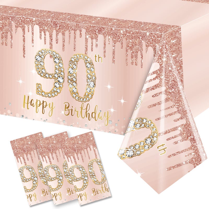 3 Pcs 90th Birthday Tablecloth Decorations for Women Pink Rose Gold Happy 90 Birthday Theme Table Cover Party Supplies Ninety Year Old Birthday Plastic Disposable Rectangular Table Cloth Decor