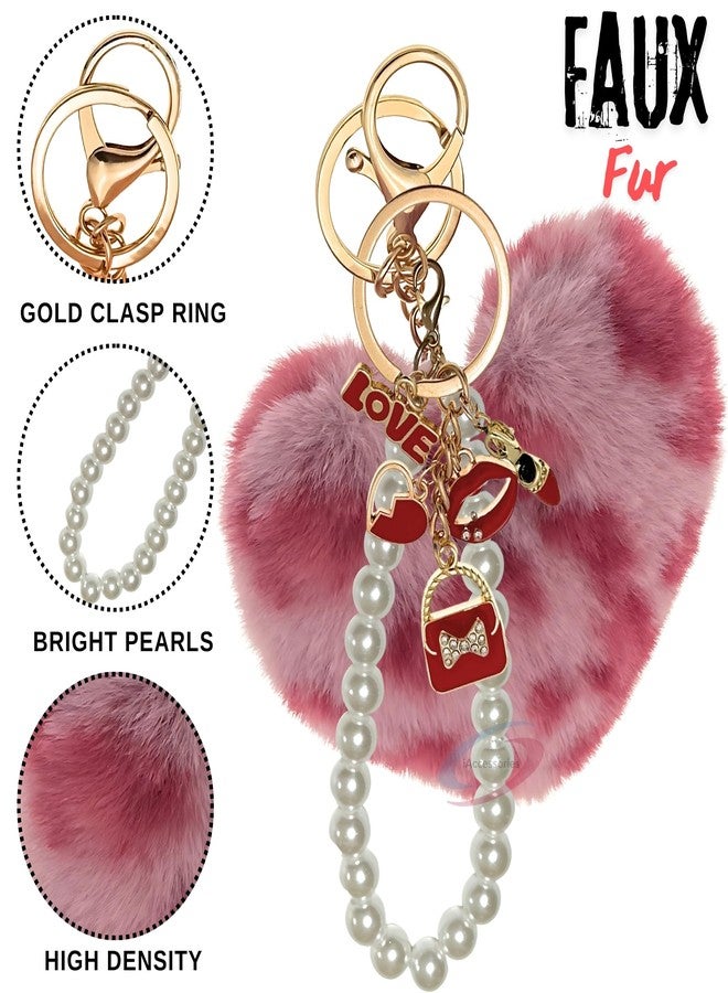 iAccessories Fluffy Faux Fur Pearl Fashion Pom Pom Heart Keychain Charm for Girls Bags, Wallets and Luggage (Rose Lepo) - Image 3