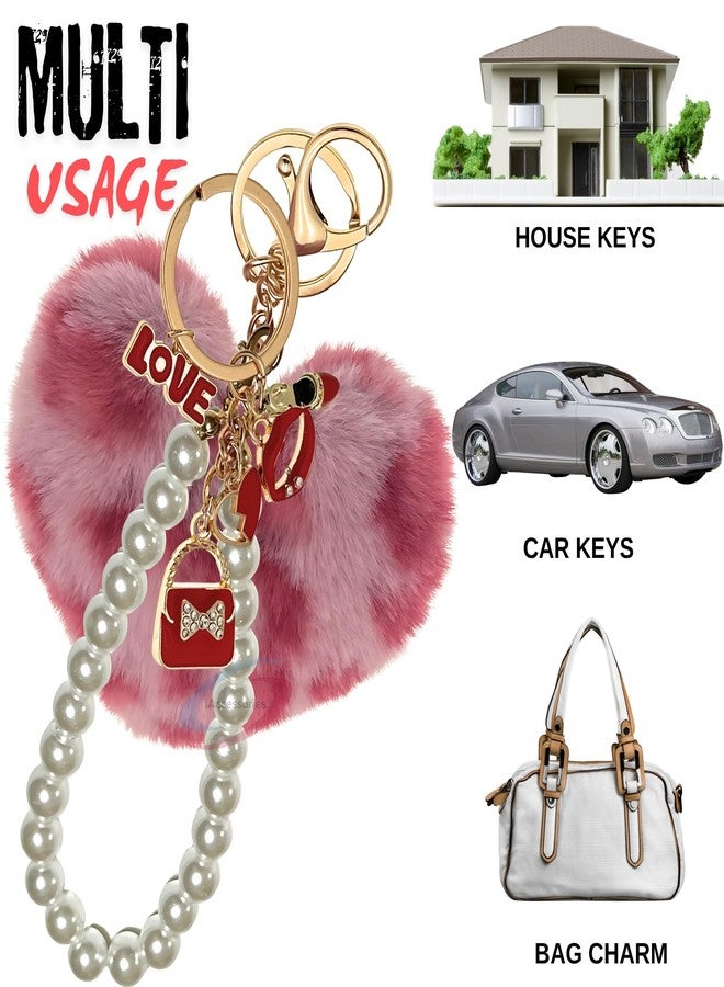 iAccessories Fluffy Faux Fur Pearl Fashion Pom Pom Heart Keychain Charm for Girls Bags, Wallets and Luggage (Rose Lepo) - Image 5