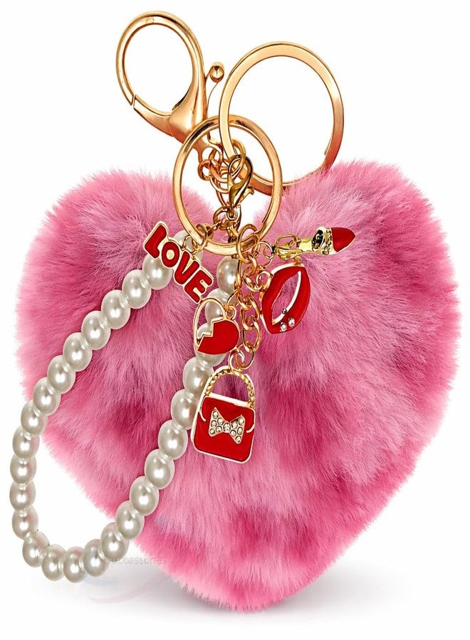 iAccessories Fluffy Faux Fur Pearl Fashion Pom Pom Heart Keychain Charm for Girls Bags, Wallets and Luggage (Rose Lepo) - Image 1