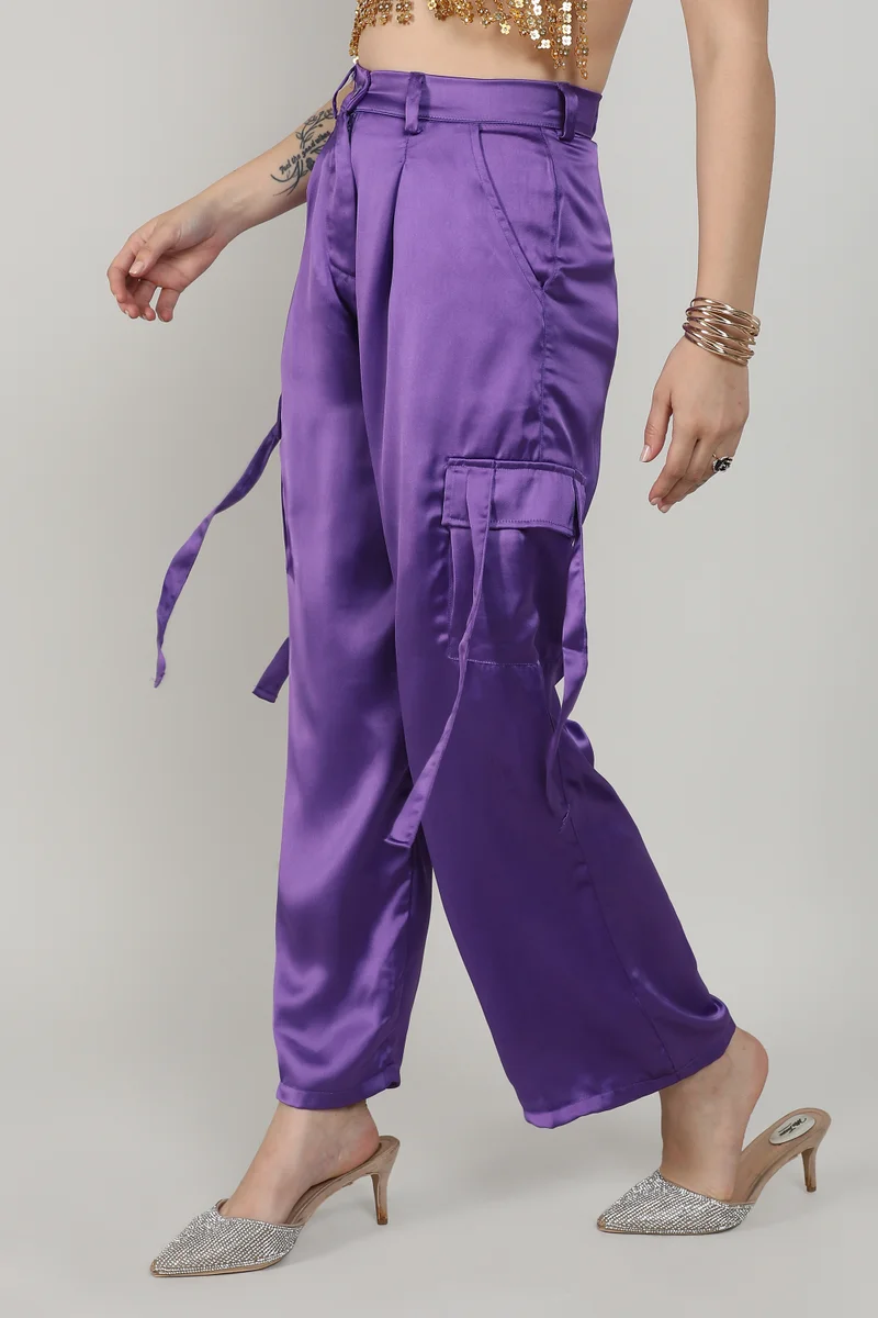 Campus Sutra Women's Violet Purple Boxy Satin Cargo Pants