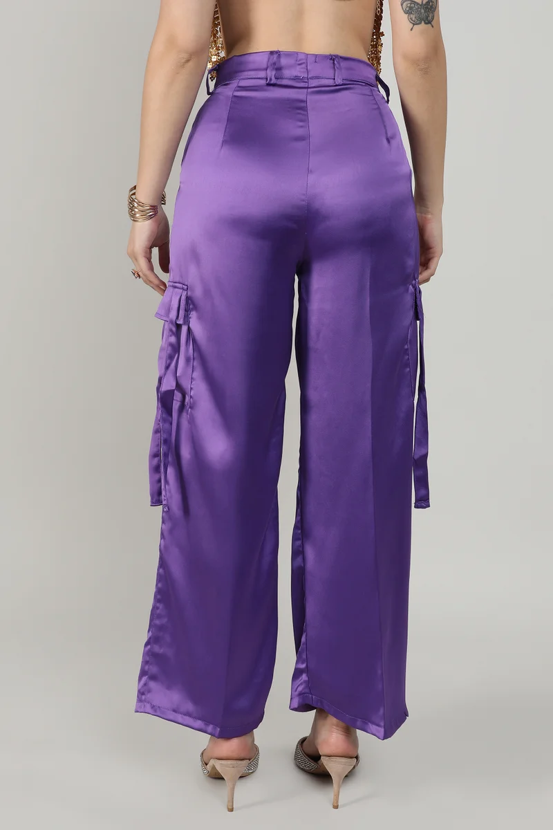 Campus Sutra Women's Violet Purple Boxy Satin Cargo Pants