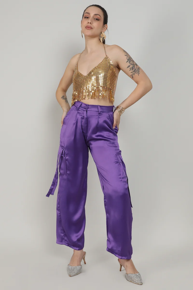 Campus Sutra Women's Violet Purple Boxy Satin Cargo Pants