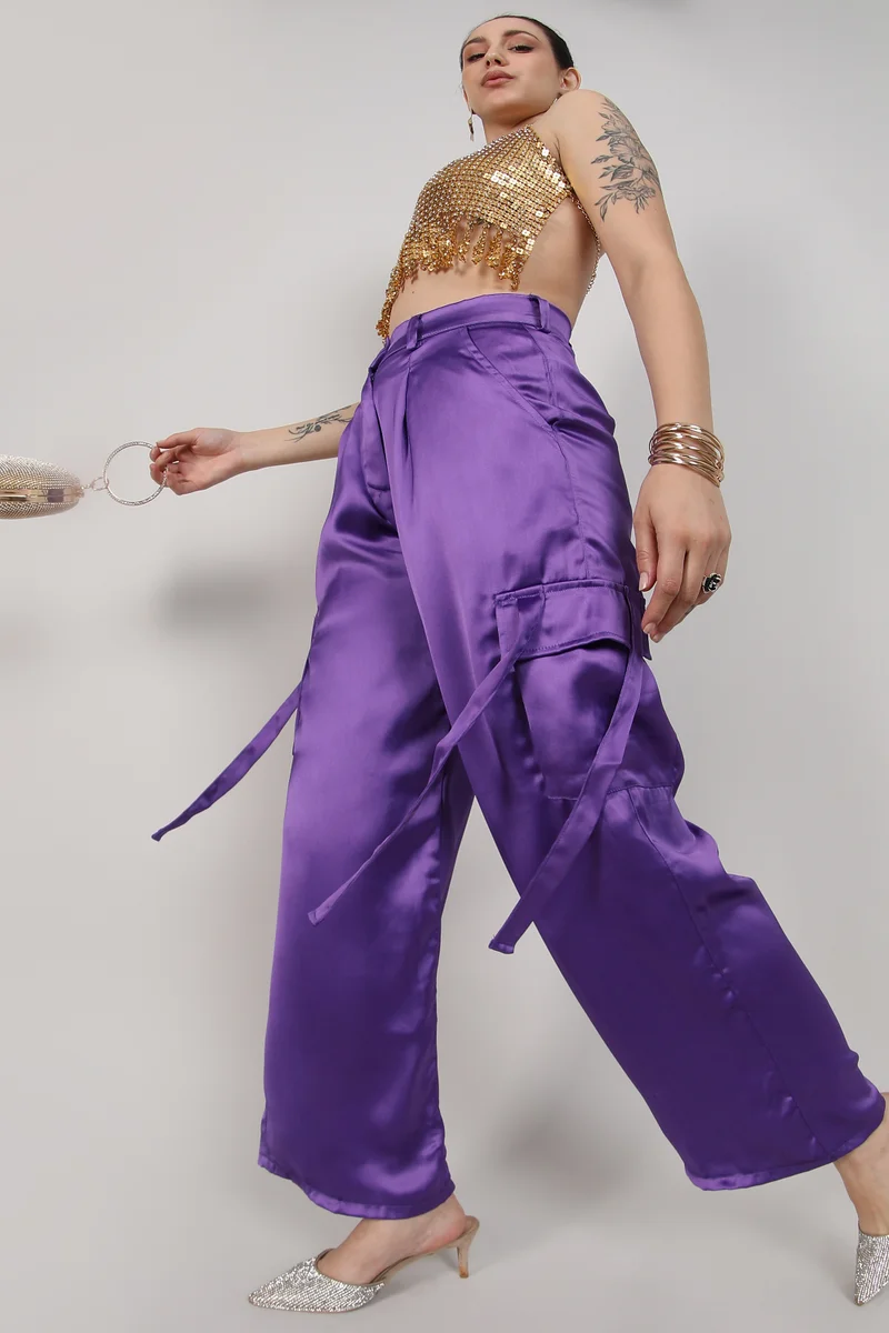 Campus Sutra Women's Violet Purple Boxy Satin Cargo Pants