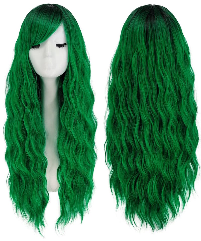 Mildiso Green Wigs for Women 26 Long Ombre Green Hair Wig with Bangs Curly Wavy Natural Cute Synthetic Soft Wigs for Party M062MGR