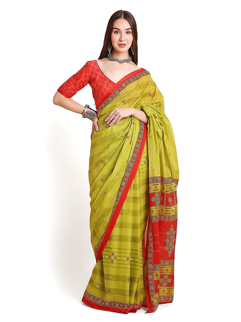 RATAN Pure Cotton Printed Mulmul Saree for Women with Blouse Piece (LAHL-BP-21934_Green) - Image 5