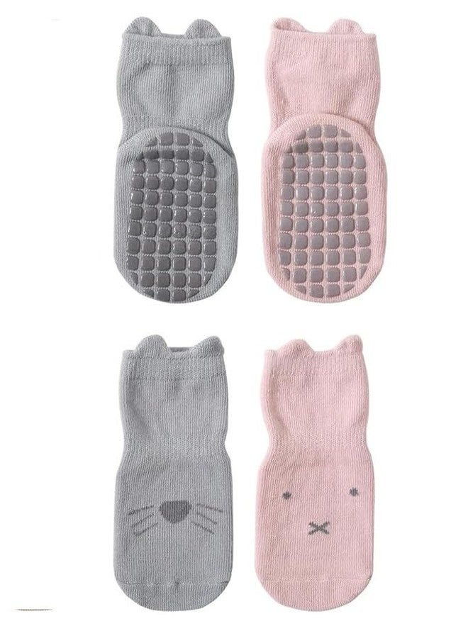 MIKONIKO Baby Non-Slip Ankle Socks Cute Cartoon Grips Socks for Infant Toddler Boys Girls Multicolor 2 Pairs_6-12 Months - Image 1
