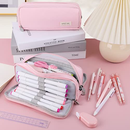 iSuperb Large Pencil Case 3 Compartments Pencil Pouch Big Capacity Pencil Bag for Kids Teen Girls Boys Student School Supplies Oxford Organizer Pen Bag(PINK) - Image 2