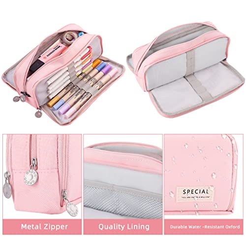 iSuperb Large Pencil Case 3 Compartments Pencil Pouch Big Capacity Pencil Bag for Kids Teen Girls Boys Student School Supplies Oxford Organizer Pen Bag(PINK) - Image 5