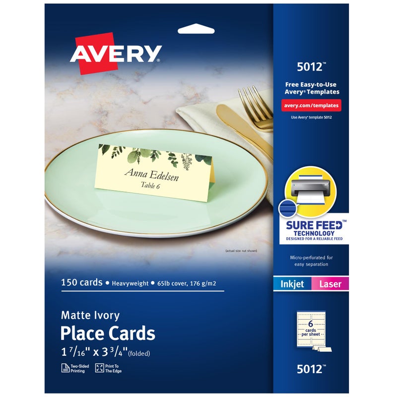 Avery Printable Place Cards with Sure Feed Technology 1716 x 334 Textured Ivory 150 Blank Tent Cards for Laser or Inkjet Printers 5012