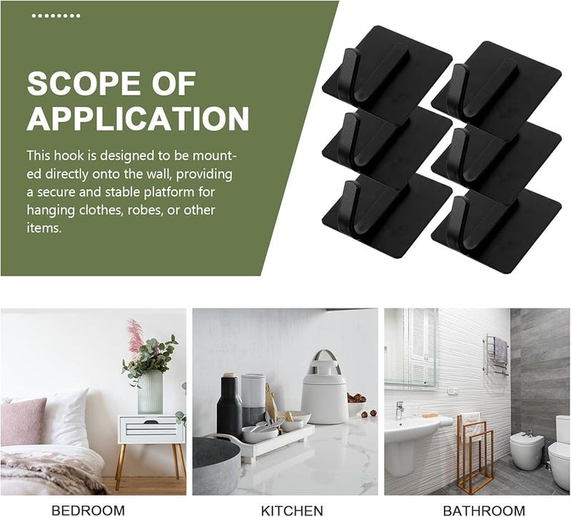 Black Self Adhesive Wall Hooks 6 Pack Strong Mount No Drill Bathroom Kitchen Door Hanger - Image 3