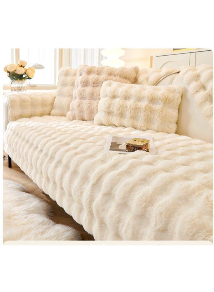 Comfy غطاء أريكة من مجموعة كومفي الجديدة الناعمة والمريحة من الفرو الصناعي باللون الأبيض العاجي مكون من 3 قطع مقاس 210×90 سم