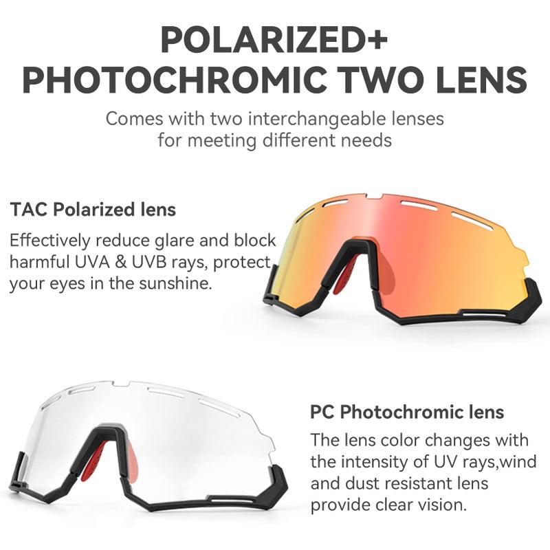 ROCKBROS Mountain Bike Glasses for Men Cycling Glasses with Interchangeable Polarized + Photochromic Lenses Sport Sunglasses - Image 3