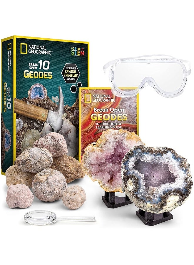 NATIONAL GEOGRAPHIC NATIONAL GEOGRAPHIC Break Open 10 Premium Geodes - Includes Goggles and Display Stands - Great STEM Science Kit, Geology Gift for Kids, Geodes Rocks Break Your Own, Toys for Boys and Girls  - Image 1