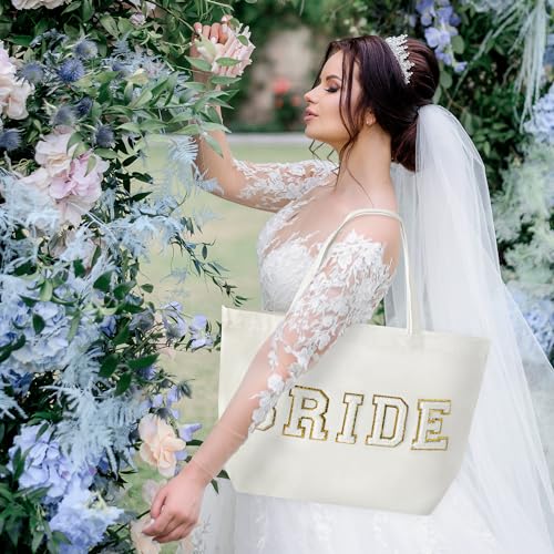 B1ykin 2Pcs Bride Chenille Letter Patches Canvas Tote Bag White Bridal Shower Honeymoon Wedding Gift Bag with Zipper Pocket Travel Handbag Zipper Pouch for Women Engagement Bachelorette Party - Image 3