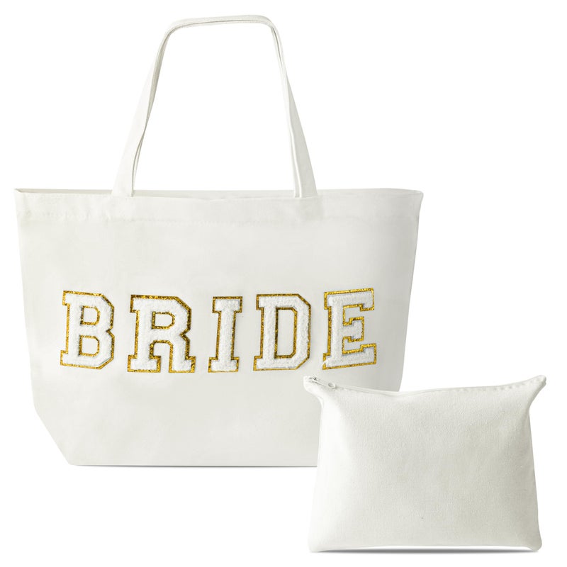 B1ykin 2Pcs Bride Chenille Letter Patches Canvas Tote Bag White Bridal Shower Honeymoon Wedding Gift Bag with Zipper Pocket Travel Handbag Zipper Pouch for Women Engagement Bachelorette Party - Image 2